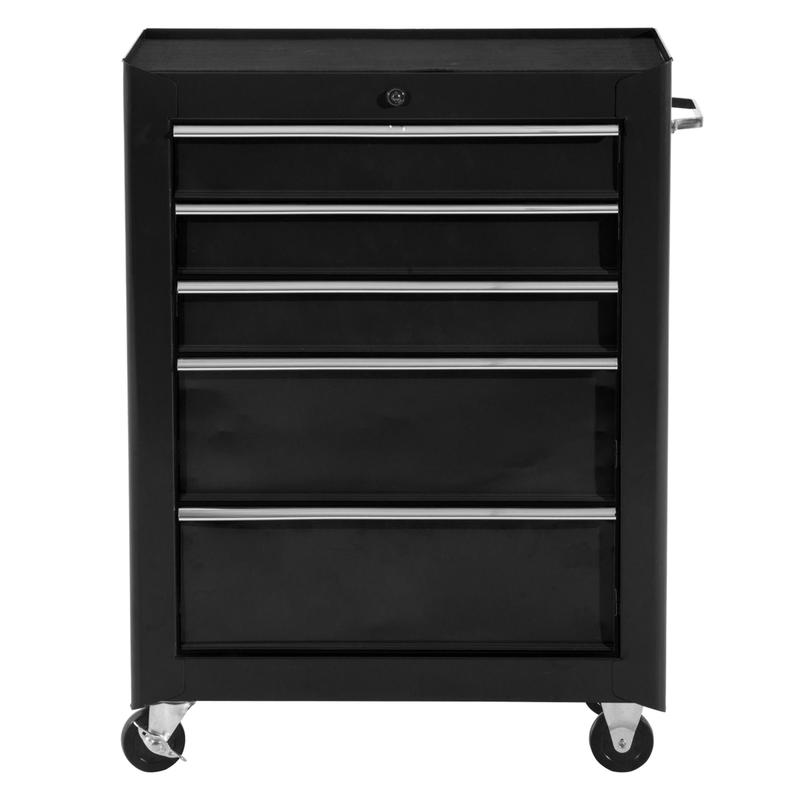 5-Drawer Heavy-Duty Steel Tool Cabinet with Lockable Storage & Smooth-Rolling Casters - Black Modern Mobile Toolbox with Top Work Surface, Spacious Drawers for Garage, Workshop, Construction Site Organization - Durable Work T