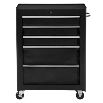 5-Drawer Heavy-Duty Steel Tool Cabinet with Lockable Storage & Smooth-Rolling Casters - Black Modern Mobile Toolbox with Top Work Surface, Spacious Drawers for Garage, Workshop, Construction Site Organization - Durable Work T