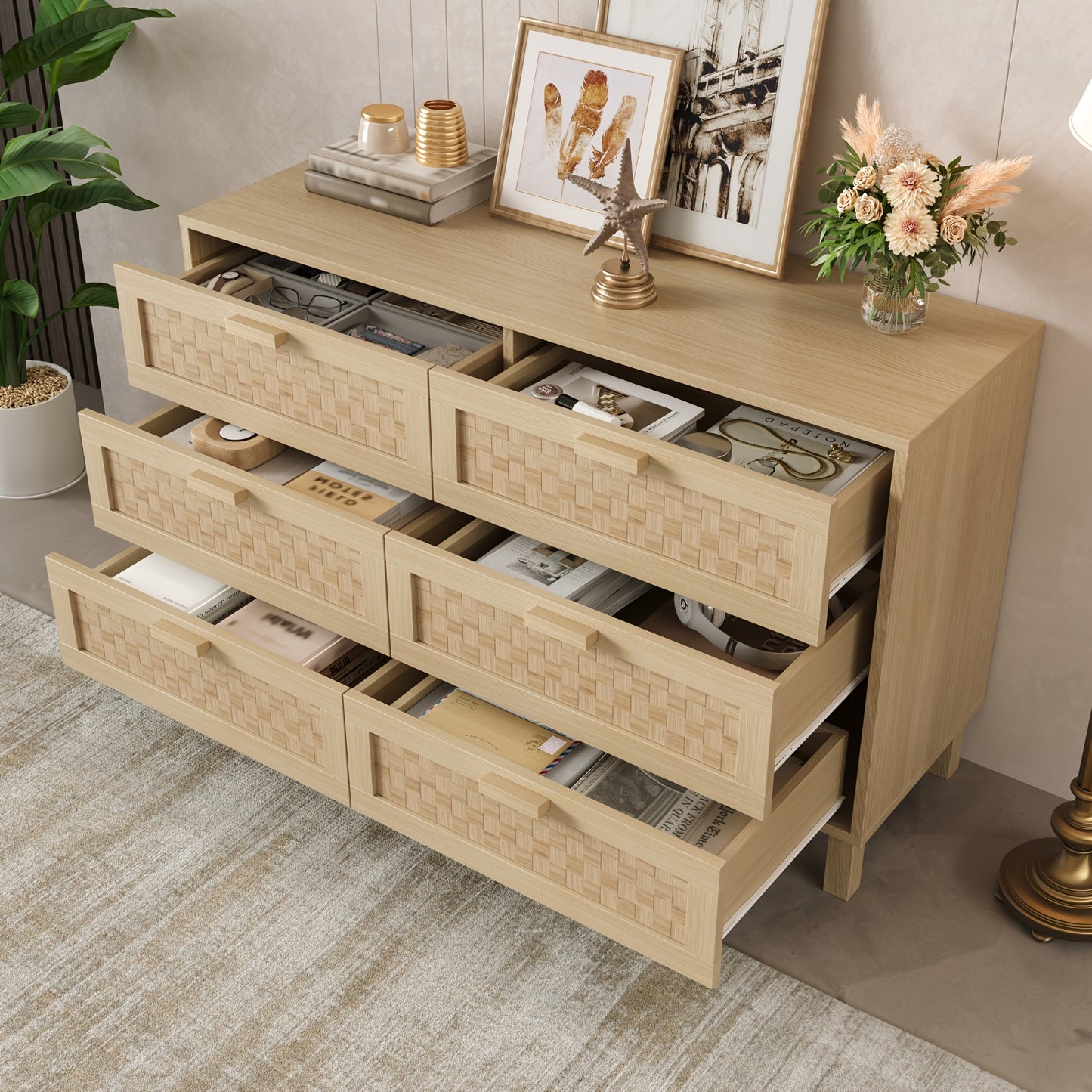 Sideboard – Dressoir – Ladekast – Opbergkast – Kast Met 6 Laden – Bamboe Frame – Rattan Laden – Ruime Opbergruimte – Modern Natuurlijk Design