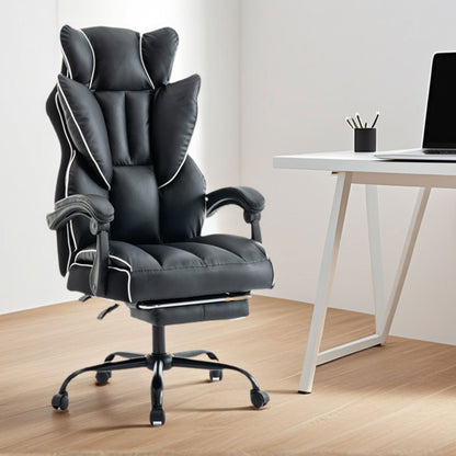 Comfortabele Bureaustoel – Bureaustoel Groot – Bureaustoel Lang – Ergonomische Bureaustoel – PU Leren Bureaustoel – Beige Wit – Stevig Roestvrij Stalen Frame – Ingebouwde Voetsteun & Lendensteun