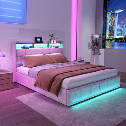 Double Bed with Storage, LED Lighting, 4 Drawers, Storage Function, USB Charging, Quick Assembly, Metal And Linen Bed Frame, Classic, for Adults, Ideal for 8Mj4Txd Bedroom.