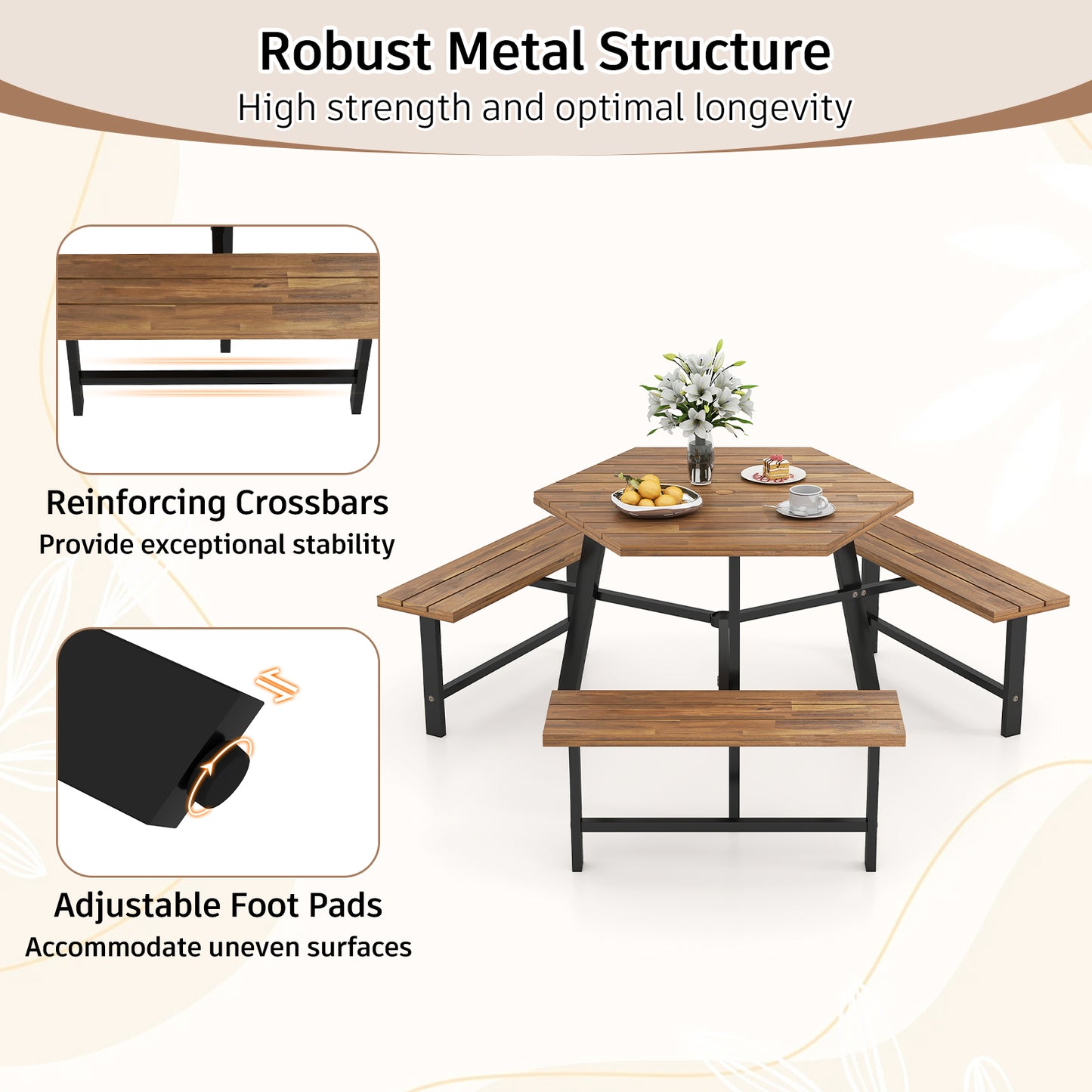 Picknicktafel – Biertafel – Tuintafel – Picknickbank – Buitenbank – Acaciahout – Met Metalen Frame – Parasolhouder – 6 Personen