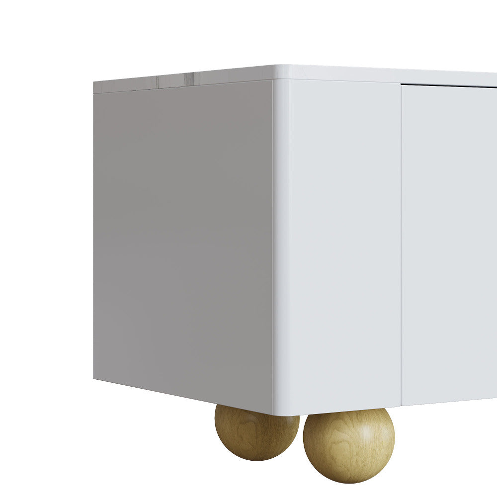 White TV Cabinet 180cm | Four-Door Design, Elegant Silhouette, Marble-Effect Textured Surface, Spherical Wooden Base, Metal Material