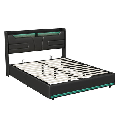 Bedkastenbed – Opbergbed – Tweepersoonsbed – Gestoffeerd bed – Bedframe – 160x200 cm – USB Type-C Opladen – LED Verlichting – 4 Laden – Houten Lattenbodem