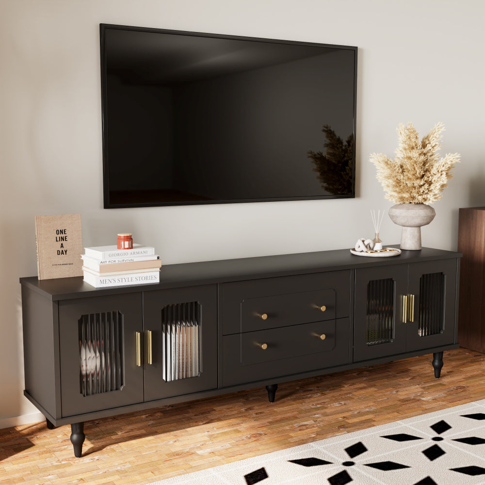 TV-meubel – Tv-kast – Mediawand – Lowboard – Tv-dressoir – Retro Design – Glazen Deuren – Massief Houten Poot – Geschikt Tot 80 Inch – MDF Constructie