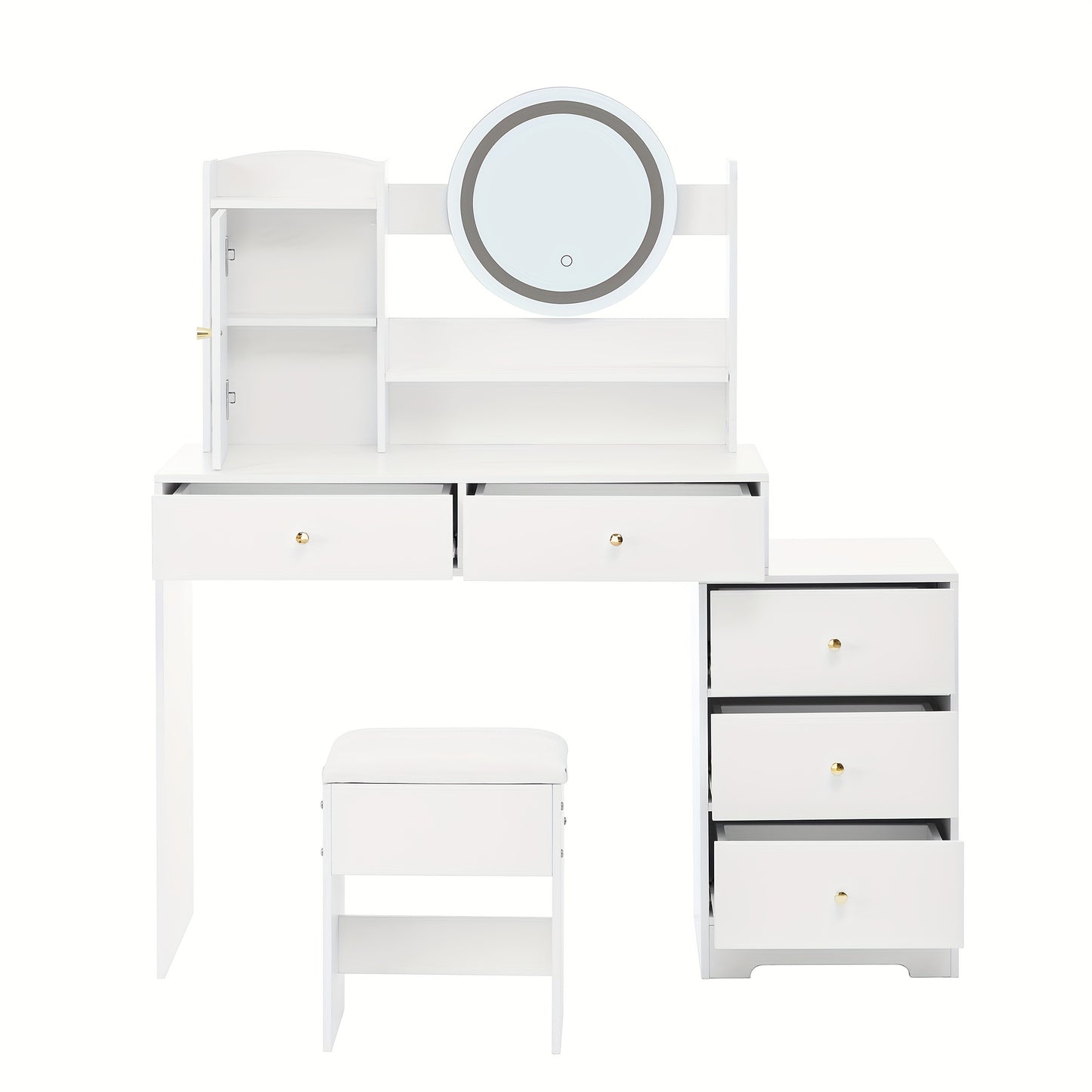 Kaptafel Wit – Dressing Table – Make-up Tafel – Make-up Kaptafel – Vanity Table – 5 Laden & Kast – Vrijstaand Ontwerp – Compact & Duurzaam – Inclusief Kruk