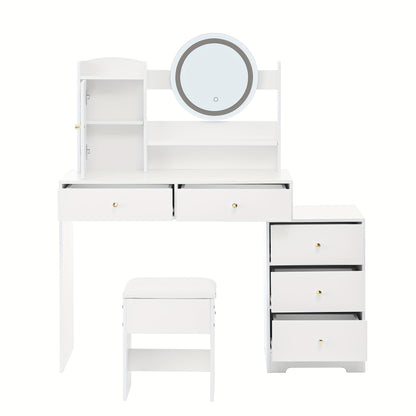 Kaptafel Wit – Dressing Table – Make-up Tafel – Make-up Kaptafel – Vanity Table – 5 Laden & Kast – Vrijstaand Ontwerp – Compact & Duurzaam – Inclusief Kruk