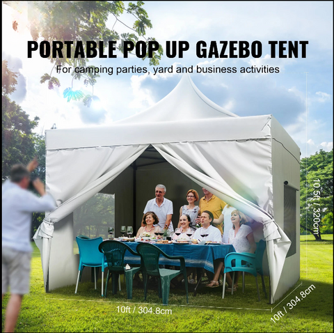 Partytent - Shelter tent 10x10ft - Polykatoen - Eenvoudig Opzetten - Aerodynamisch design - Verwijderbare zijwanden - UV Bestendig - Waterdicht - Wit - QUORE