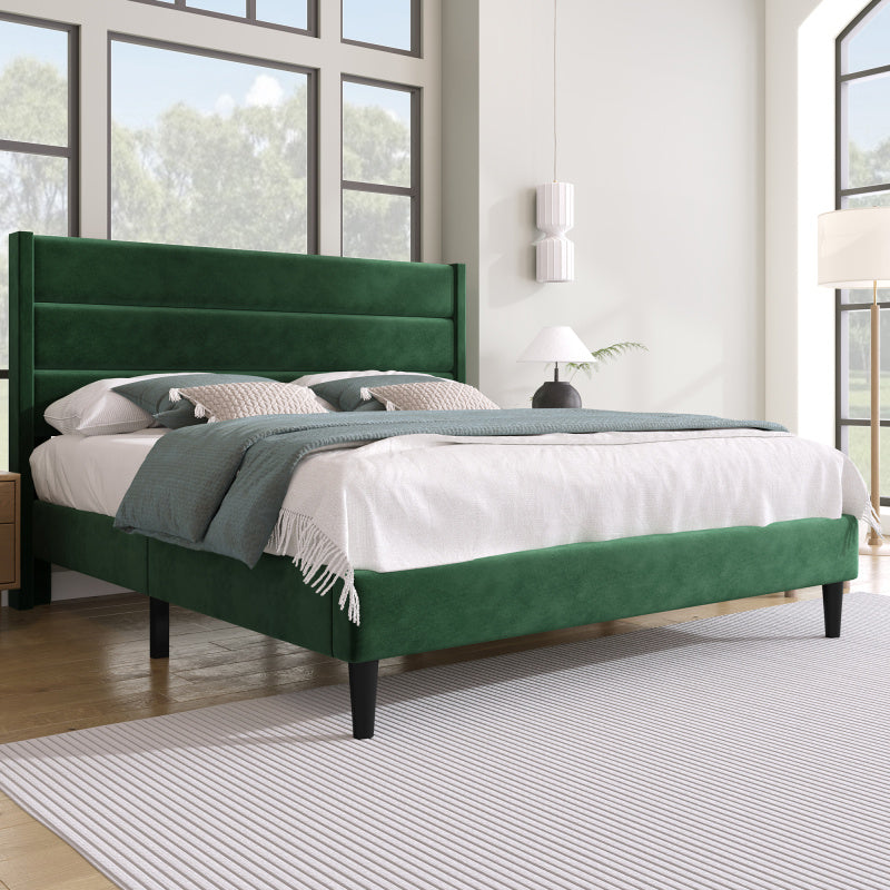 Gestoffeerd Tweepersoonsbed – Ledikant – Bedframe – Sofa Bed – Slaapsysteem – Donkergroen Fluweel – 140x200 cm – Met Lattenbodem – Gepolsterd Hoofdeinde