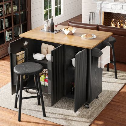 White/Black Modern Extendable Kitchen Island & with Adjustable Shelves, Spice Rack, Towel Rail - Heavy-Duty Metal Frame Trolley, 3-Door Closed Shelving, Space-Saving Expandable Design (130x45x92cm) for Small/Large Kitchens