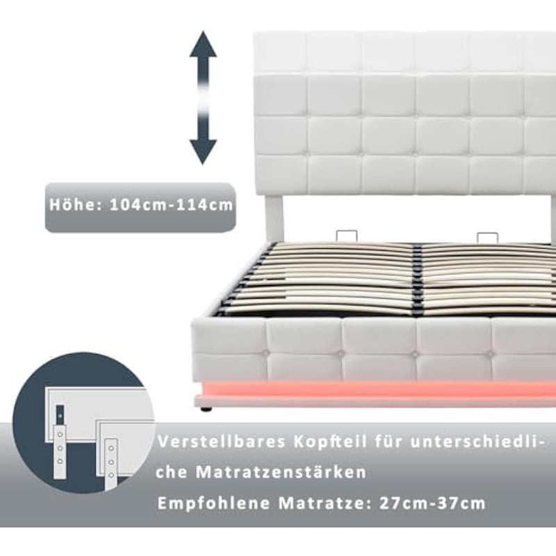 Boxspringbed – Boxspring – Bed – Tweepersoonsbed – Gestoffeerd Bed – LED-verlichting – Opbergruimte 32,5 cm – PU Leder