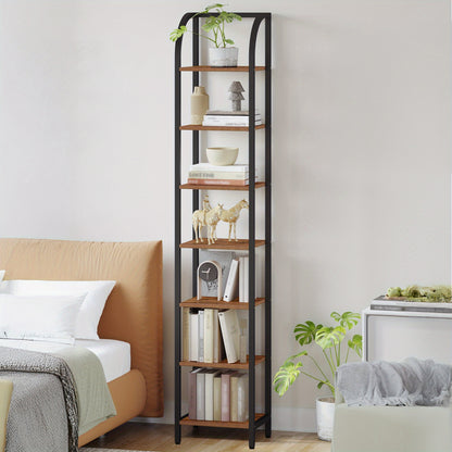 Boekenkast – Boekenrek – Vakkenkast – Opbergkast – Stellingkast – 7-laags vrijstaand – Industrieel vintage bruin en zwart – Slim smal design – Stevig metalen frame