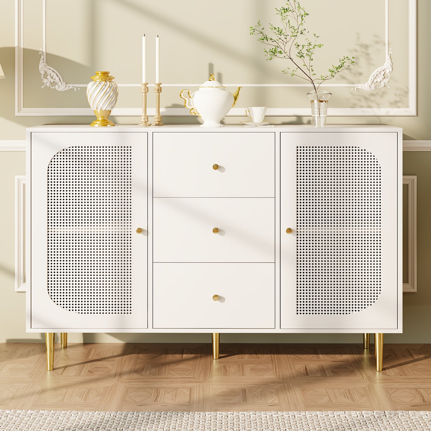 Dressoir – Sideboard – Opbergkast – Ladekast – Kast – Wit – MDF & Rattan – Multifunctionele Meubelset