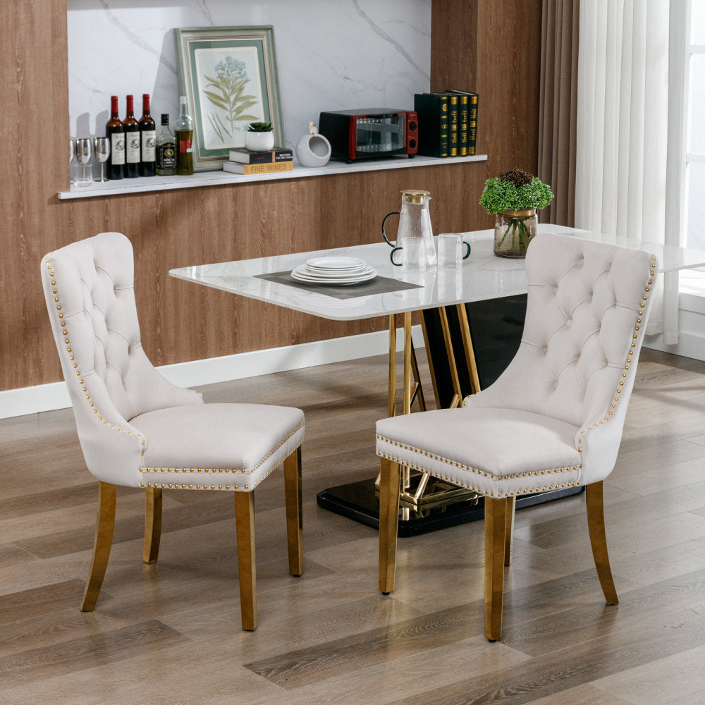 Dining Chair, Contemporary Velvet Upholstered with Gold Plated Stainless Steel Legs and Tacker Style Nailhead Trim, Beige, Home Dining, Kitchen Chairs, Elegant Upholstery, Modern Design, Gold Plated Details