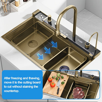 Digitale Waterval Spoelbak – Keukenspoelbak – Vaatwastafel – Keukenbak – Vaatbak – RVS Rechthoekige Spoelbak Grijs 60x45 cm – Uittrekbare Watervalkraan – Ingebouwde Zeepdispenser & Snijplank