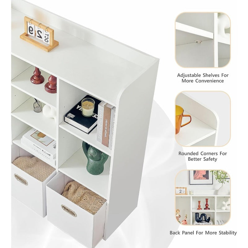 Boekenkast – Boekplank – Opbergkast – Rek – Organizer – 7-Vaks Met 3 Opbergboxen – Compact 70 cm Hoog – Stevig Houten Materiaal