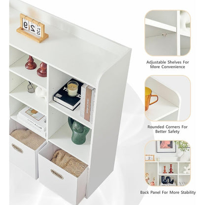 Boekenkast – Boekplank – Opbergkast – Rek – Organizer – 7-Vaks Met 3 Opbergboxen – Compact 70 cm Hoog – Stevig Houten Materiaal