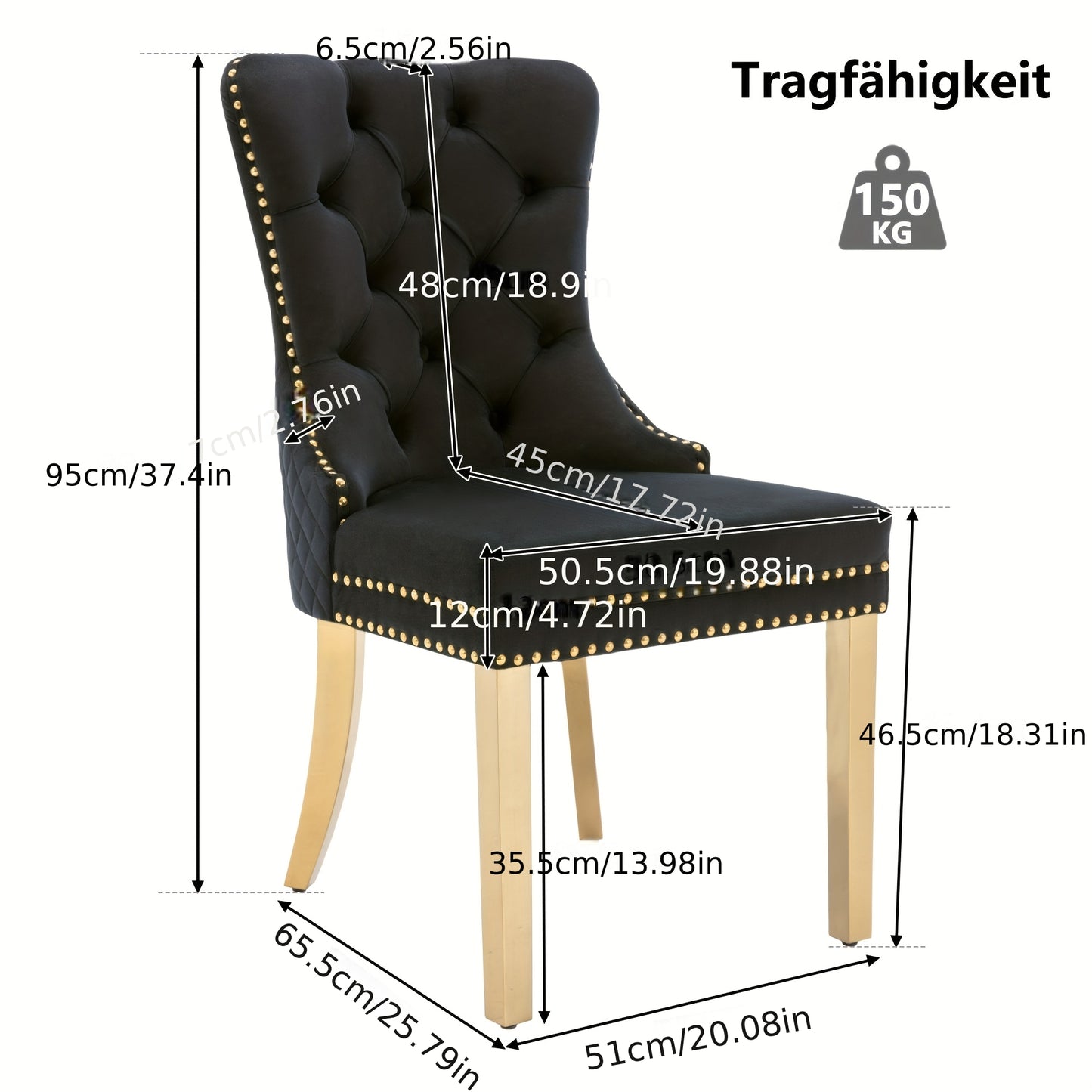 2pcs Elegant Dining Chairs with Golden-Tone Nailhead Trim & Golden-Plated Stainless Steel Legs - Upholstered Backrest, Round Pulls, Classic Modern Design
