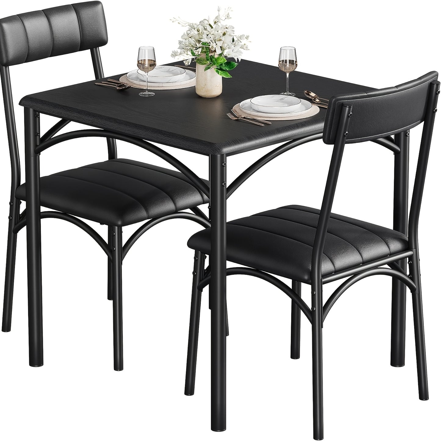 Eettafelset – Dinerset – Tafel Met Stoelen – Eettafel Met Stoelen – Compacte Eetset – Industrieel Design – Matzwart MDF Tafelblad – Gestoffeerde Slat-back Stoelen