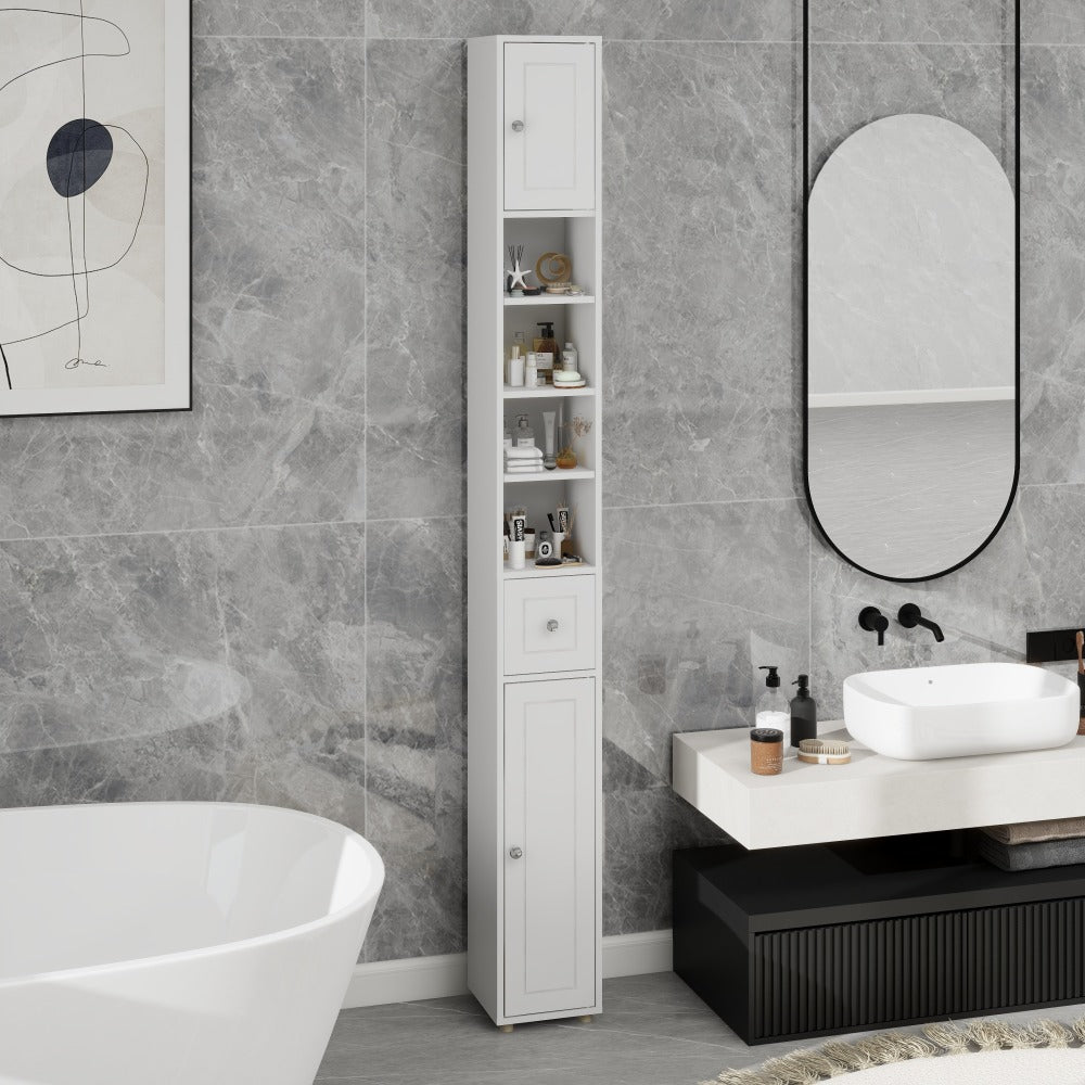 Badkamerkast – Medicijnkast – Kolomkast – Opbergkast – Wastafelonderkast – Hoog en Slank – 180 cm – 2 Deuren, 1 Lade, 4 Verstelbare Planken – Vrijstaand – Wit