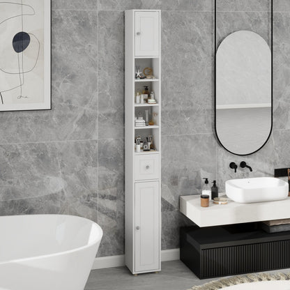 Badkamerkast – Medicijnkast – Kolomkast – Opbergkast – Wastafelonderkast – Hoog en Slank – 180 cm – 2 Deuren, 1 Lade, 4 Verstelbare Planken – Vrijstaand – Wit