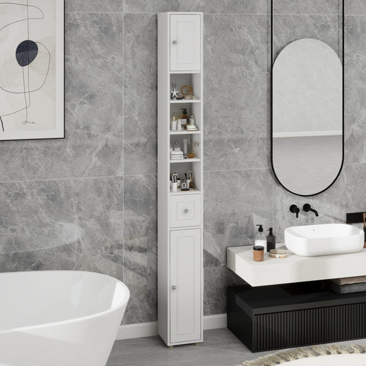 Badkamerkast – Medicijnkast – Kolomkast – Opbergkast – Wastafelonderkast – Hoog en Slank – 180 cm – 2 Deuren, 1 Lade, 4 Verstelbare Planken – Vrijstaand – Wit