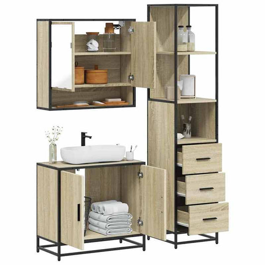 Badkamermeubelset – Badkamerkast – Wastafelkast – Ladekast – Spiegel – Variant Braun – Sonoma Eikenhout – Compact & Duurzaam