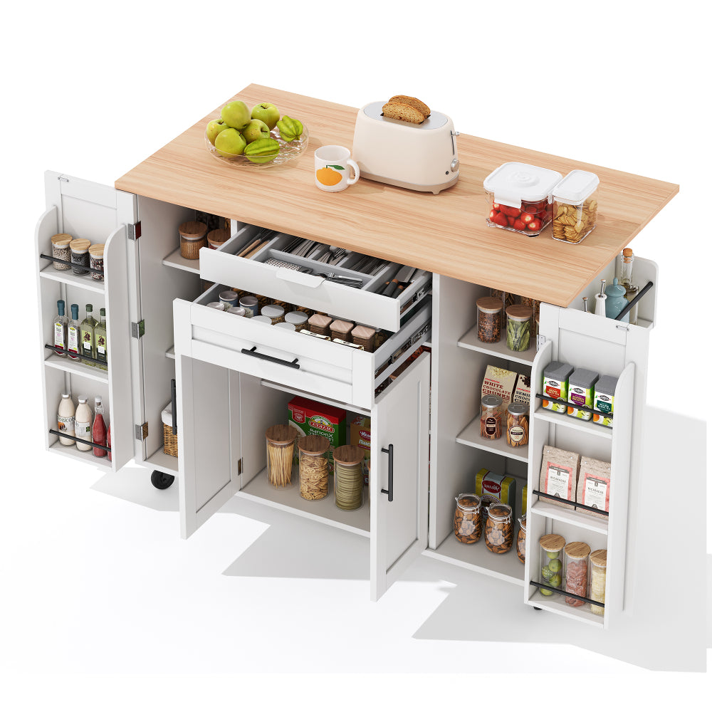 Keukenwagen – Keukentrolley – Serveerwagen – Keukeneiland – Opbergkast – Uitbreidbaar Werkblad tot 70 cm – Verstelbare Planken met Kruidenrek en Handdoekhouder
