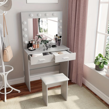 Kaptafel – Make-up Tafel – Toilettafel – Vanity – Opmaaktafel – Silvery Grey – Grote Spiegel – 2 Ruime Lades Met Opbergruimte
