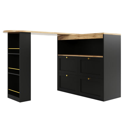 Barstoel – Barkruk – Eetstoel – Barkrukje – Stoel – Zwarte Houten Barstoel – 360° Draaibaar Tafelblad – 4 Laden & Open Planken