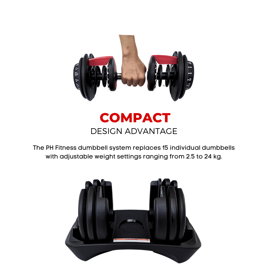 Verstelbare Dumbbell – Halter – Fitness Gewicht – Trainingsgewicht – Dumbbell Set – 15 Gewichtsniveaus 2,5-24 kg – Duurzaam Staal & Comfortabele Grip – Rood