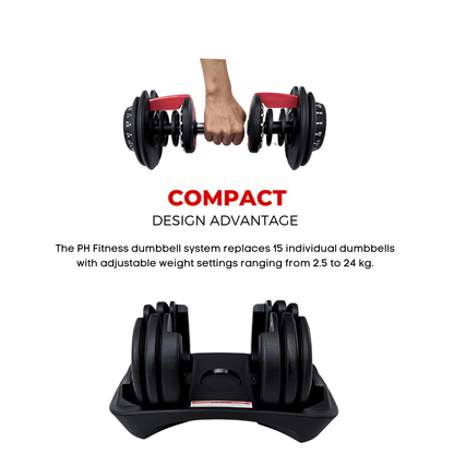 Verstelbare Dumbbell – Halter – Fitness Gewicht – Trainingsgewicht – Dumbbell Set – 15 Gewichtsniveaus 2,5-24 kg – Duurzaam Staal & Comfortabele Grip – Rood