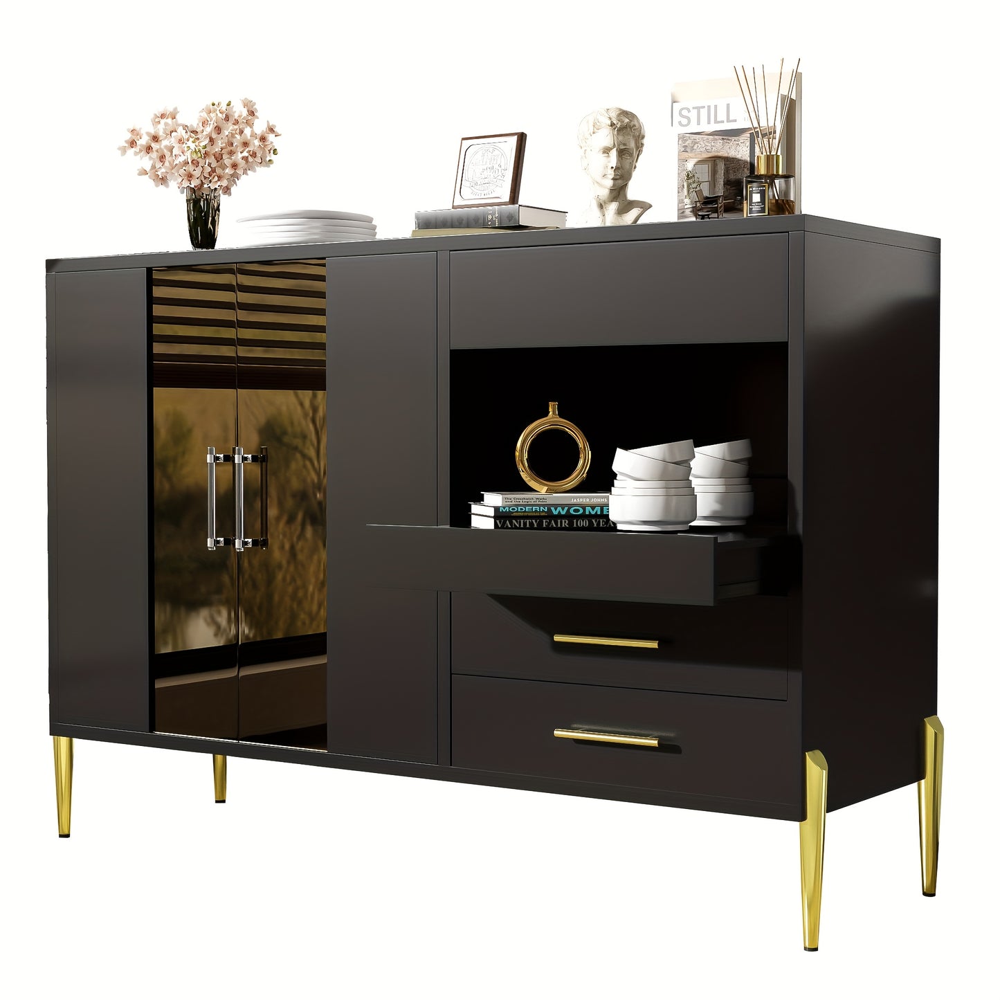 Dressoir – Sideboard – Opbergkast – Ladekast – Buffetkast – Zwart – 120 cm – Met Glazen Deuren En 3 Lades – Verstelbare Legplanken