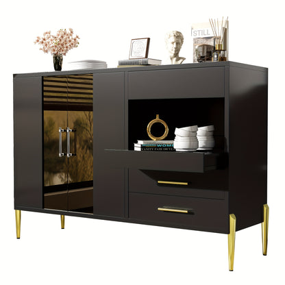 Dressoir – Sideboard – Opbergkast – Ladekast – Buffetkast – Zwart – 120 cm – Met Glazen Deuren En 3 Lades – Verstelbare Legplanken