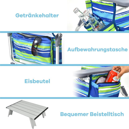 Campingstoel – Strandstoel – Kampeerstoel – Ligstoel – Tuinstoel – 3-Delige Set Blauw + Groen – Verstelbare Rugleuning – Inclusief Koelvak & Opbergvakken