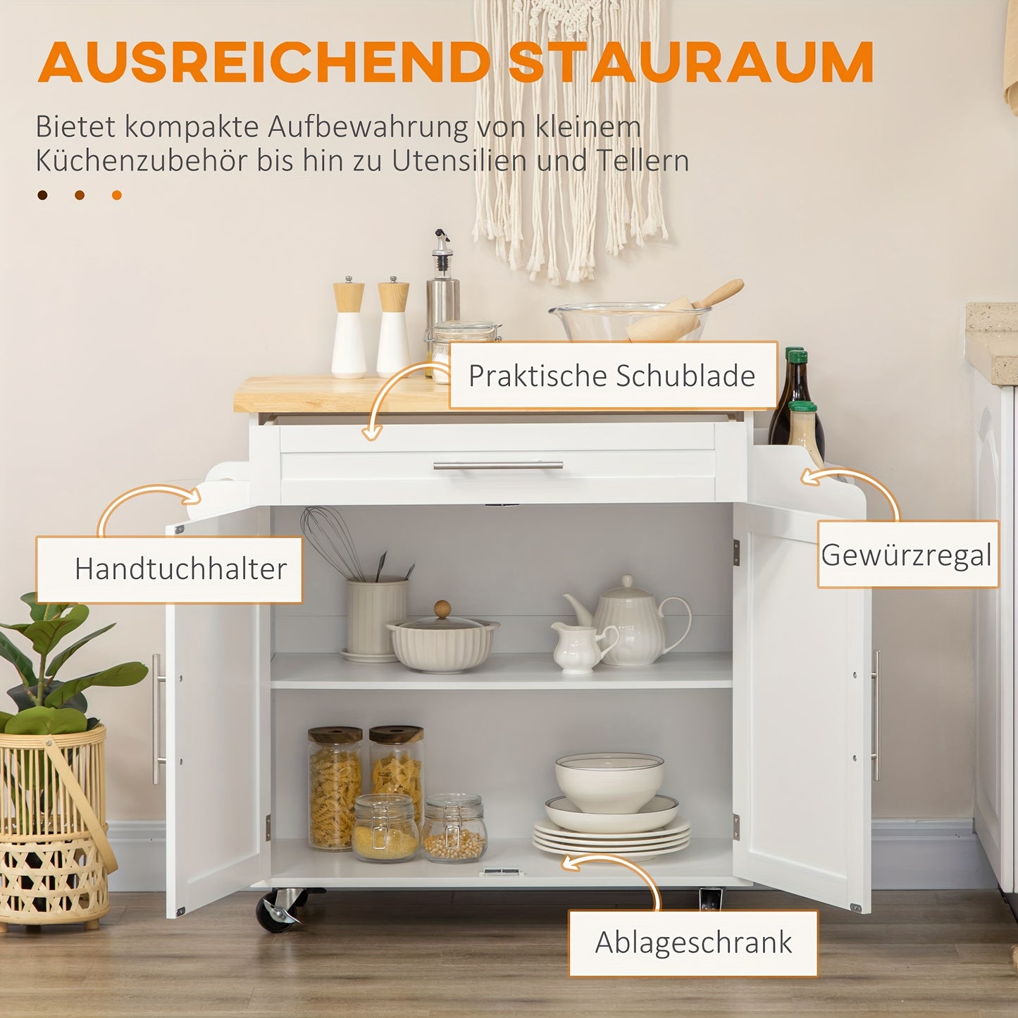Keukentrolley – Serveerwagen – Keukenkast – Rolwagen – Opbergtrolley – Wit – Werkblad 109x40 cm – Kruidenrek & Handdoekhouder