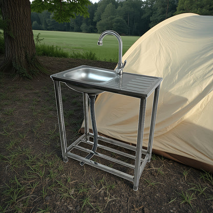 Stainless Steel Restaurant Sink with Workbench, Standalone Outdoor Sink with Hot And Cold Water Taps, Industrial Restaurant Sink Easy to Assemble And Move, Suitable for Garage, Garden, Restaurant, Kitchen, Kitchen Sink, Kitch