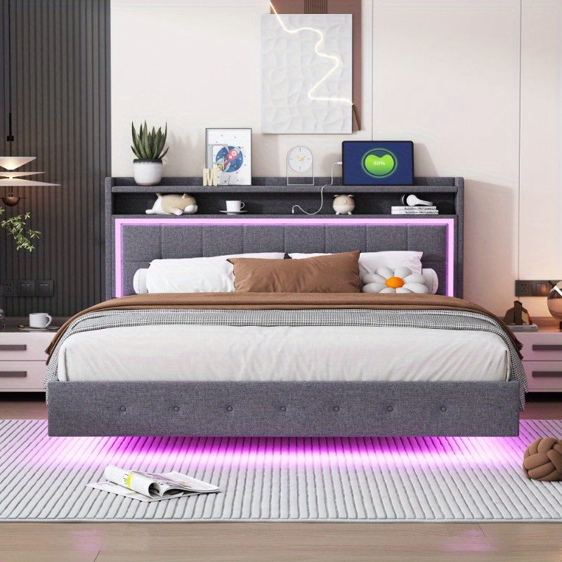 Bedframe – Ledikant – Slaapkamerset – Boxspring – Tweepersoonsbed – Grijs Linnen – Zacht Hoofdbord – Verborgen Poten – Modern Design – 160x200 cm Stabiel
