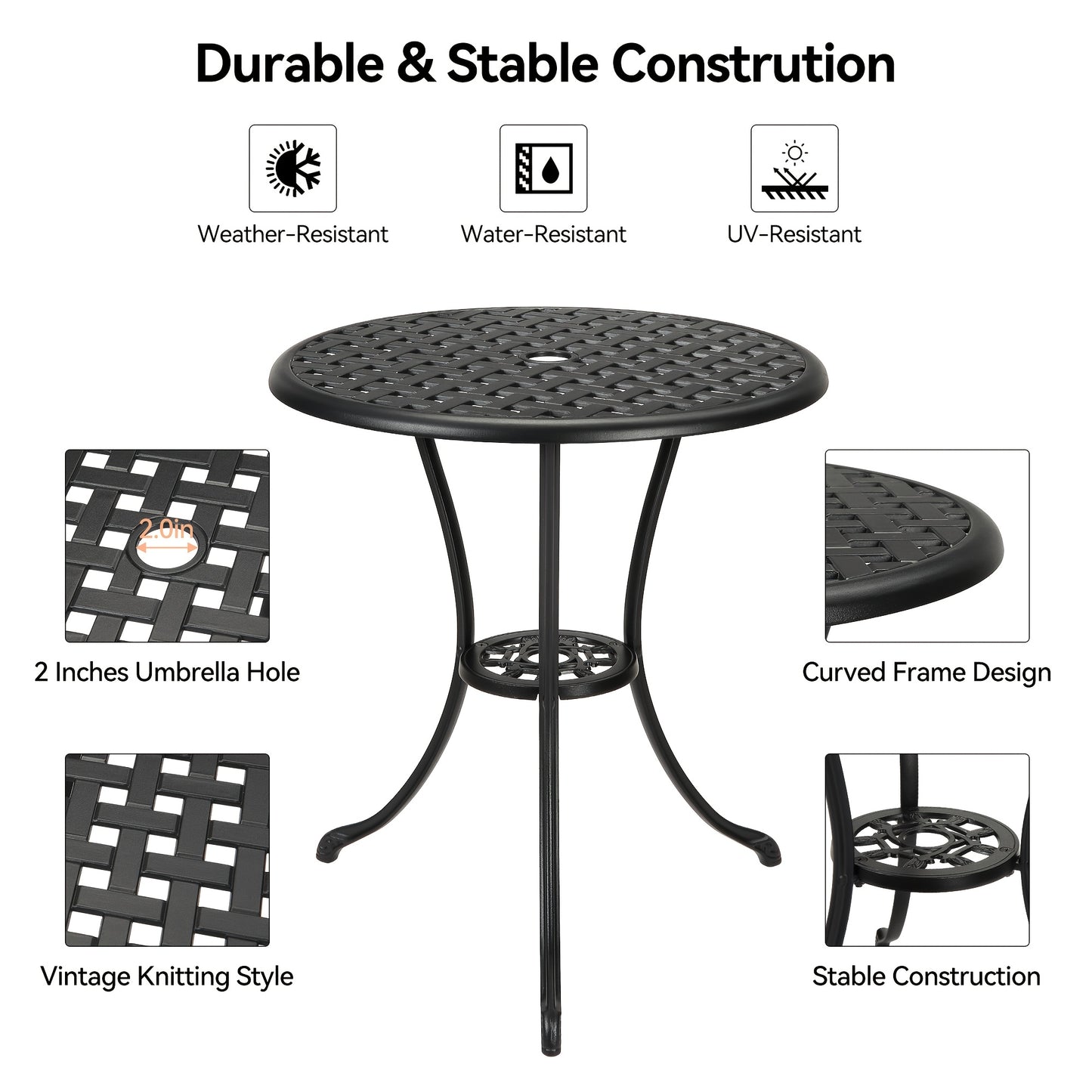 Buitentafel Rond – Bistrotafel – Tuin tafel – Balkon tafel – Terras tafel – Zwart – 60,96 cm Met Parasolgat – Gietaluminium Met Wicker Tafelblad – Weerbestendig En Stevig