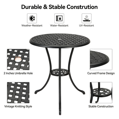 Buitentafel Rond – Bistrotafel – Tuin tafel – Balkon tafel – Terras tafel – Zwart – 60,96 cm Met Parasolgat – Gietaluminium Met Wicker Tafelblad – Weerbestendig En Stevig