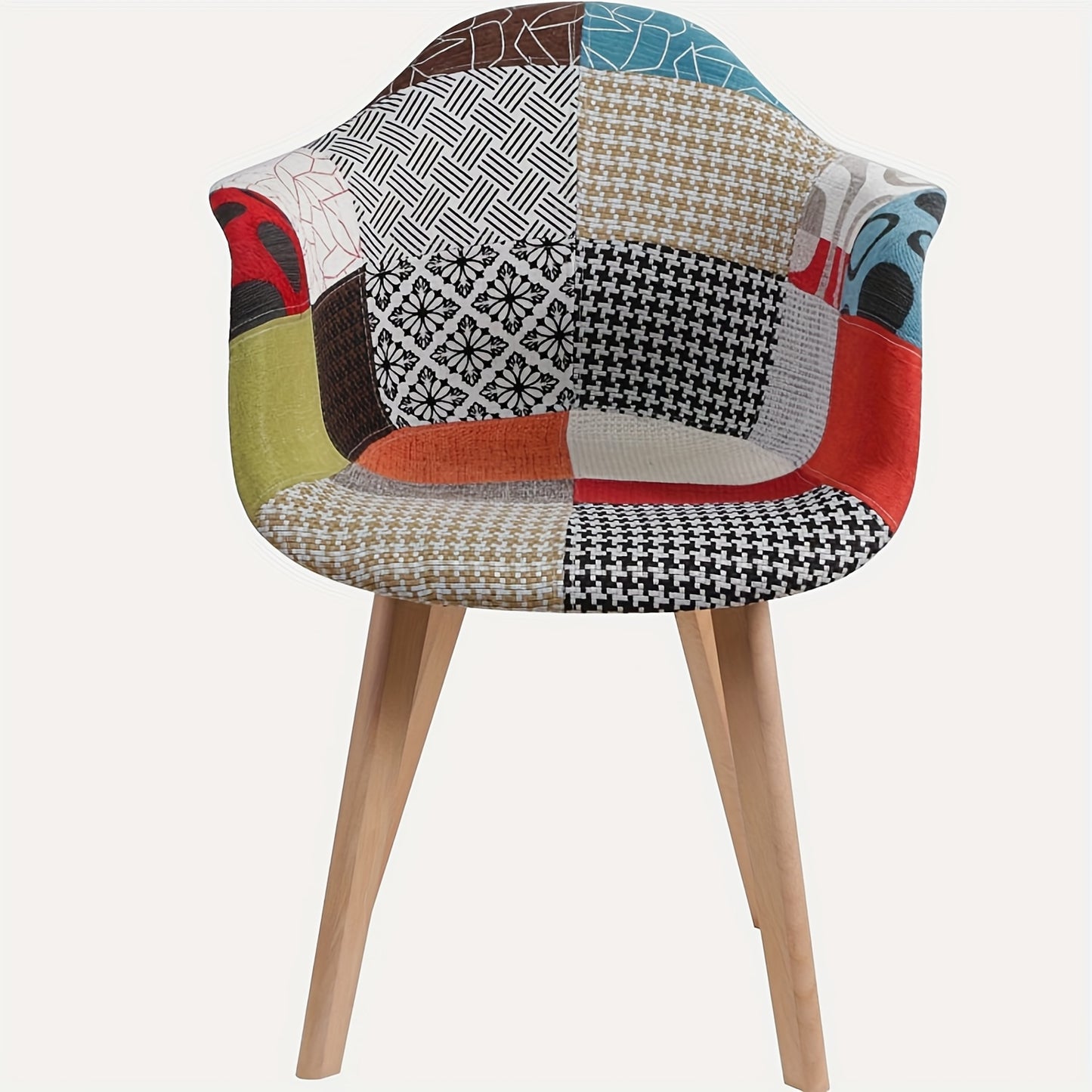 Set van 2 Boheemse Eetkamerstoelen – Rode Linnen Zitting met Contrasterende Ruitrugleuning, Beukenhouten Poten – Modern Farmhouse Stijl