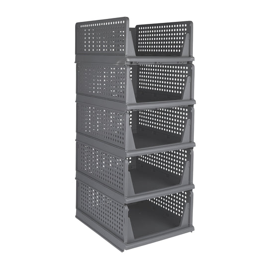 Opbergbox – Opbergmand – Opberger – Opbergkrat – Opbergdoos – Set van 5 – Stapelbaar en Inklapbaar – Duurzaam Kunststof 33,5x43x18 cm – Ruimtebesparend en Multifunctioneel