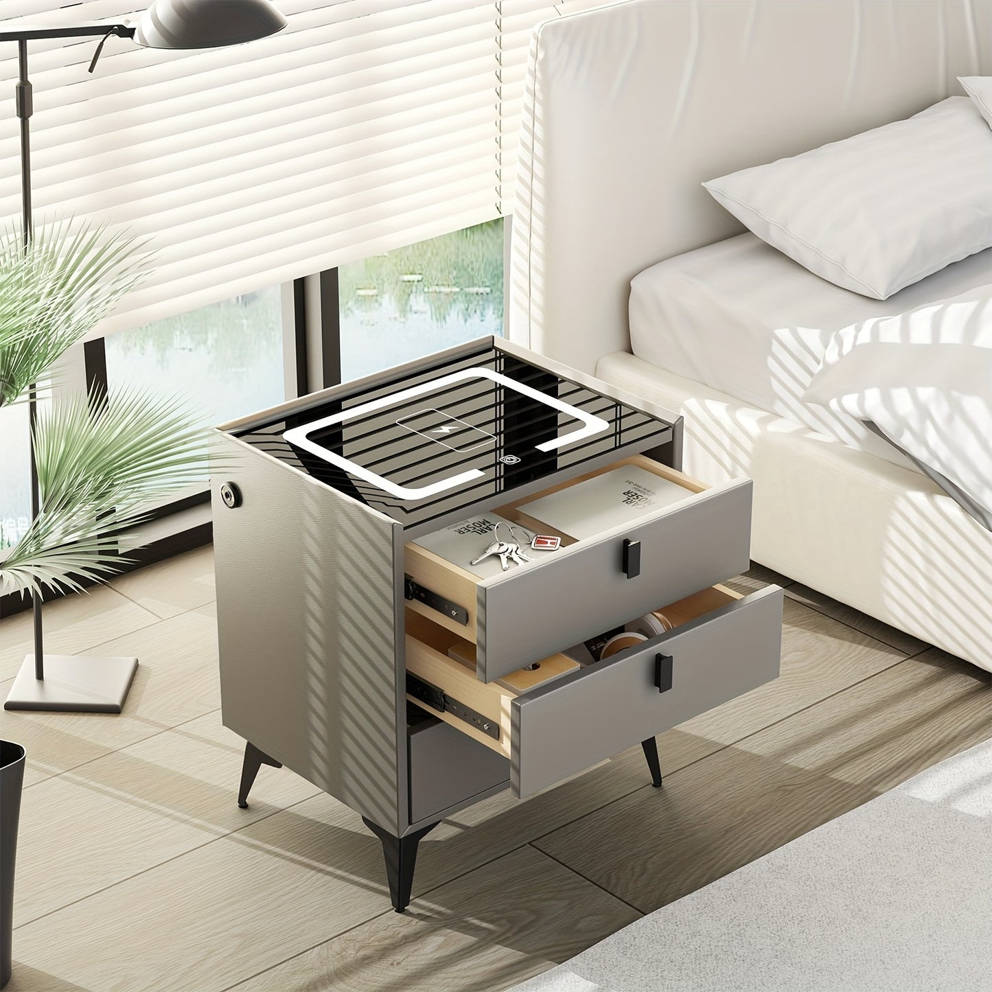 Slimme Nachtkast – Nachtkastje – Bijzettafel – Bedtafel – Opberglade – Draadloos Opladen – Instelbare LED-Verlichting – 2 Lade Model – Metaal & Geharde Glasplaat – Compact & Ruimtebesparend