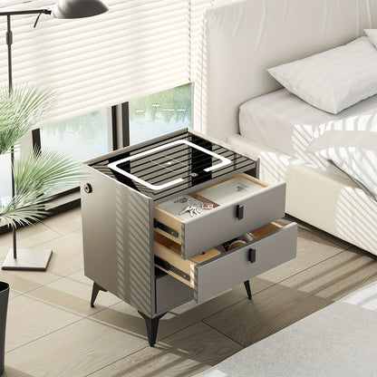 Slimme Nachtkast – Nachtkastje – Bijzettafel – Bedtafel – Opberglade – Draadloos Opladen – Instelbare LED-Verlichting – 2 Lade Model – Metaal & Geharde Glasplaat – Compact & Ruimtebesparend