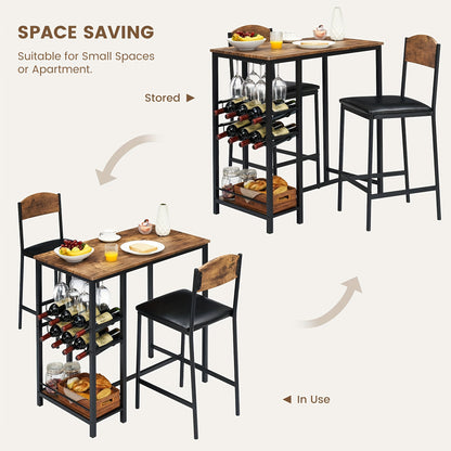 Eettafelset 2 Personen – Bartafelset – Barstoel Set – Bistroset – Bistro Tafelset – Vintage Design – Inclusief Wijnrek en Opbergplank – Compacte Afmeting 119 cm – Stoelen Met Voetsteunen en PU Leder