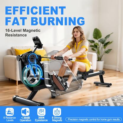 VOWVIT Foldable Magnetic Rowing Machine for Home - Full-Body Workout Equipment with 16-Level Magnetic Resistance, 300 Newton/33 lbs Force, Heavy-Duty 160kg Weight Capacity, Space-Saving Rower Machine for Training
