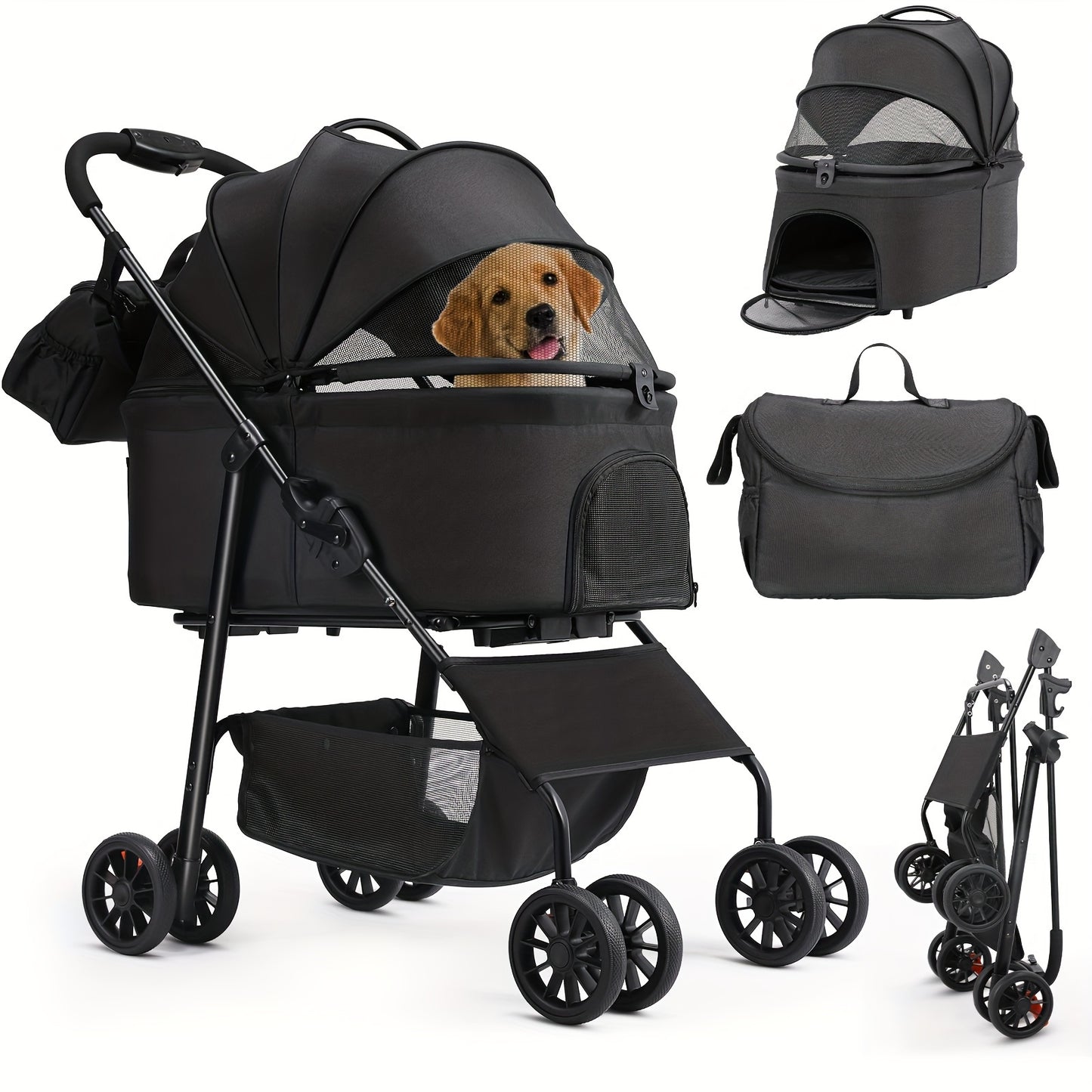 Hondenbuggy – Hondenwagen – Hondenkar – Dierenwagen – Huisdierenwagen – Tot 30 kg Draagvermogen – 360° Draaibare Dubbele Wielen – Inklapbaar – Oxford Stof