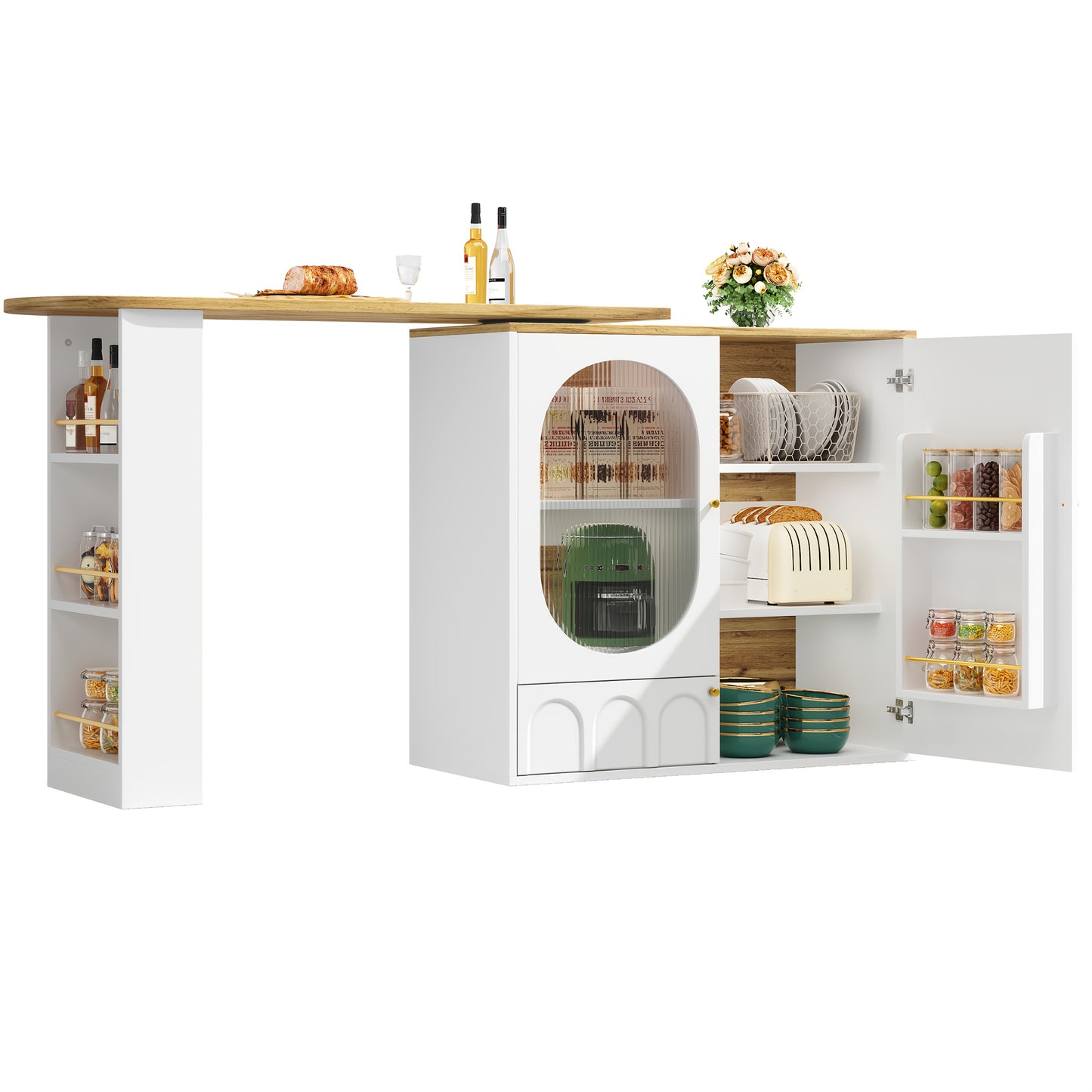 Barkruktafel – Bartafel – Bistrotafel – Statafel – Keukentafel – 360° Draaibaar – Hoog 138x39x102 cm – Wit met Walnoot – Drie Deuren met Opbergruimte – Verwijderbare Tussenwanden