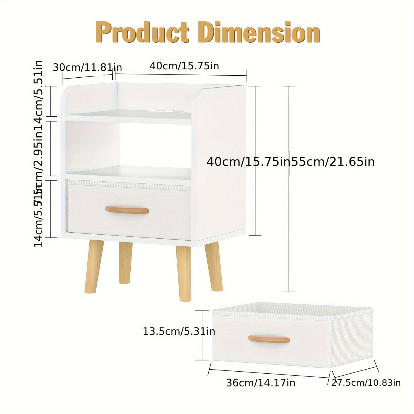 2x White Modern Nightstand With Drawer & Open Shelves | Easy-Clean Compact Nightstand With 1 Drawer & 2 Shelves | Minimalist White Nightstand With Metal Frame & Wooden Legs | Quick Wipe Surface