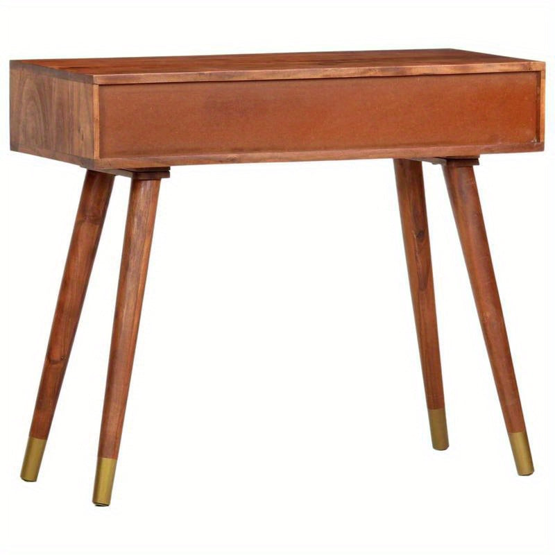 Elegant Solid Acacia Wood Wall Table with Geometric Brass Handles - 3-Drawer Design, 90x35x76cm, Ideal for Bedroom, Living Room, Office - Natural Floor Standing Storage Unit, Cute Room Decor, Standing Shelf
